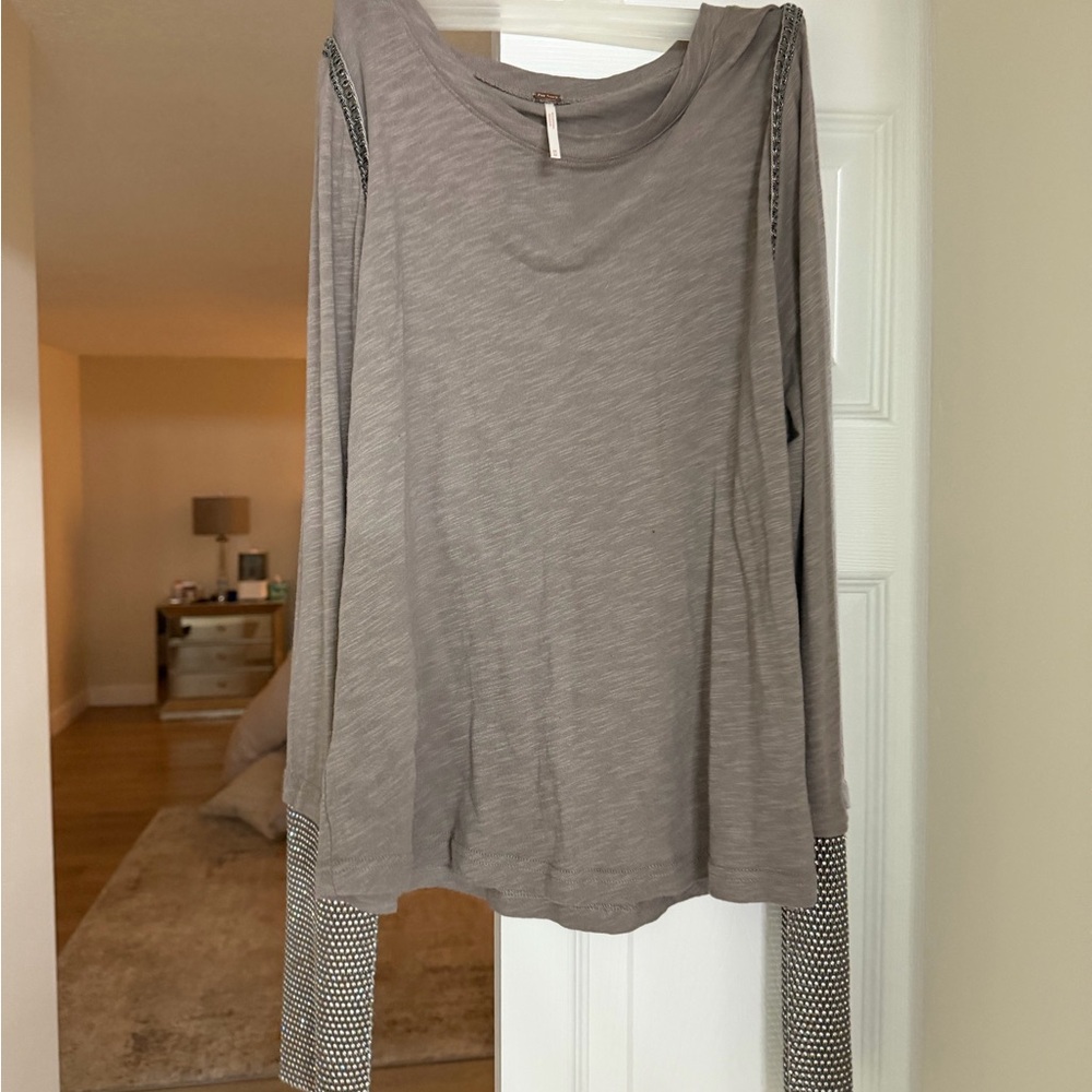 Free People Taupe Long Sleeve Top with Embellished Trim